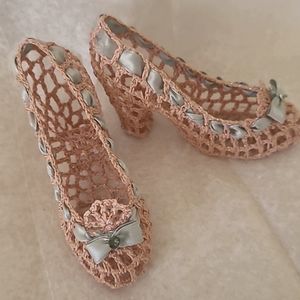 Vintage handmade crochet pair of ministure Marie Antoinett style shoes.